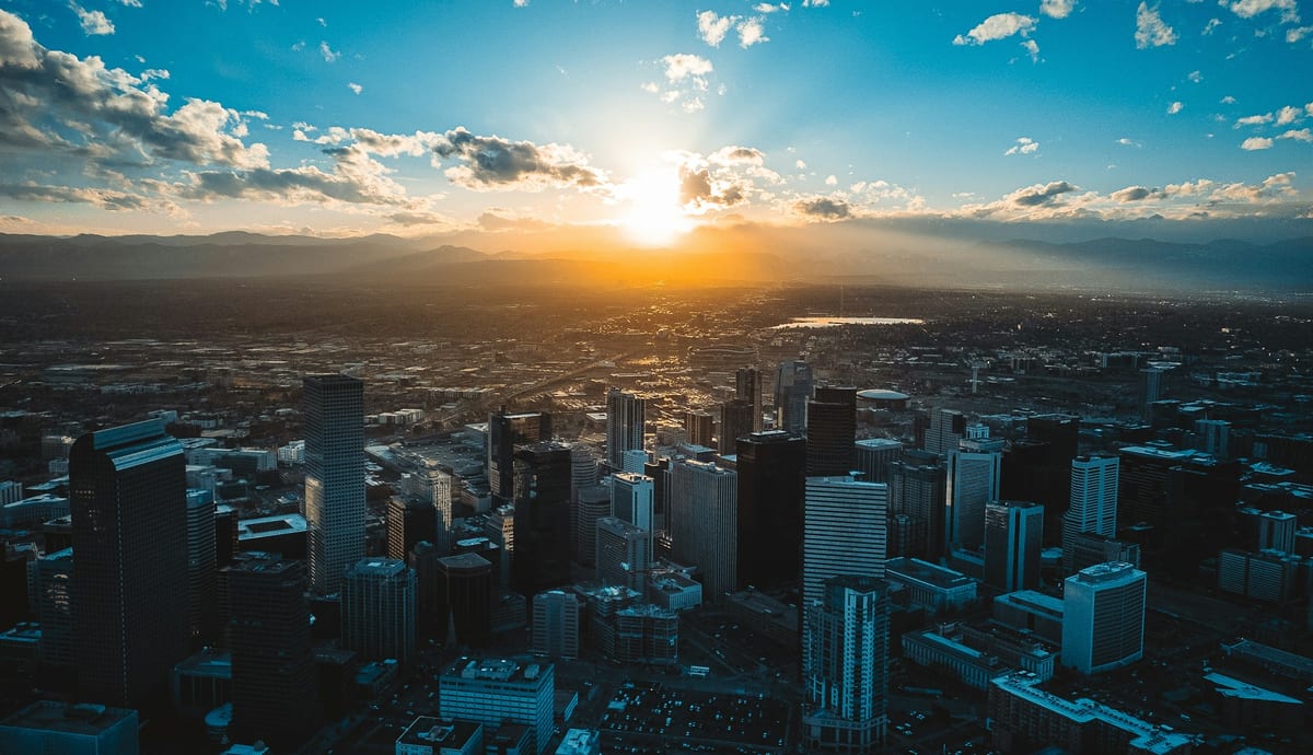 Denver skyline with the Rocky Mountains in the distance