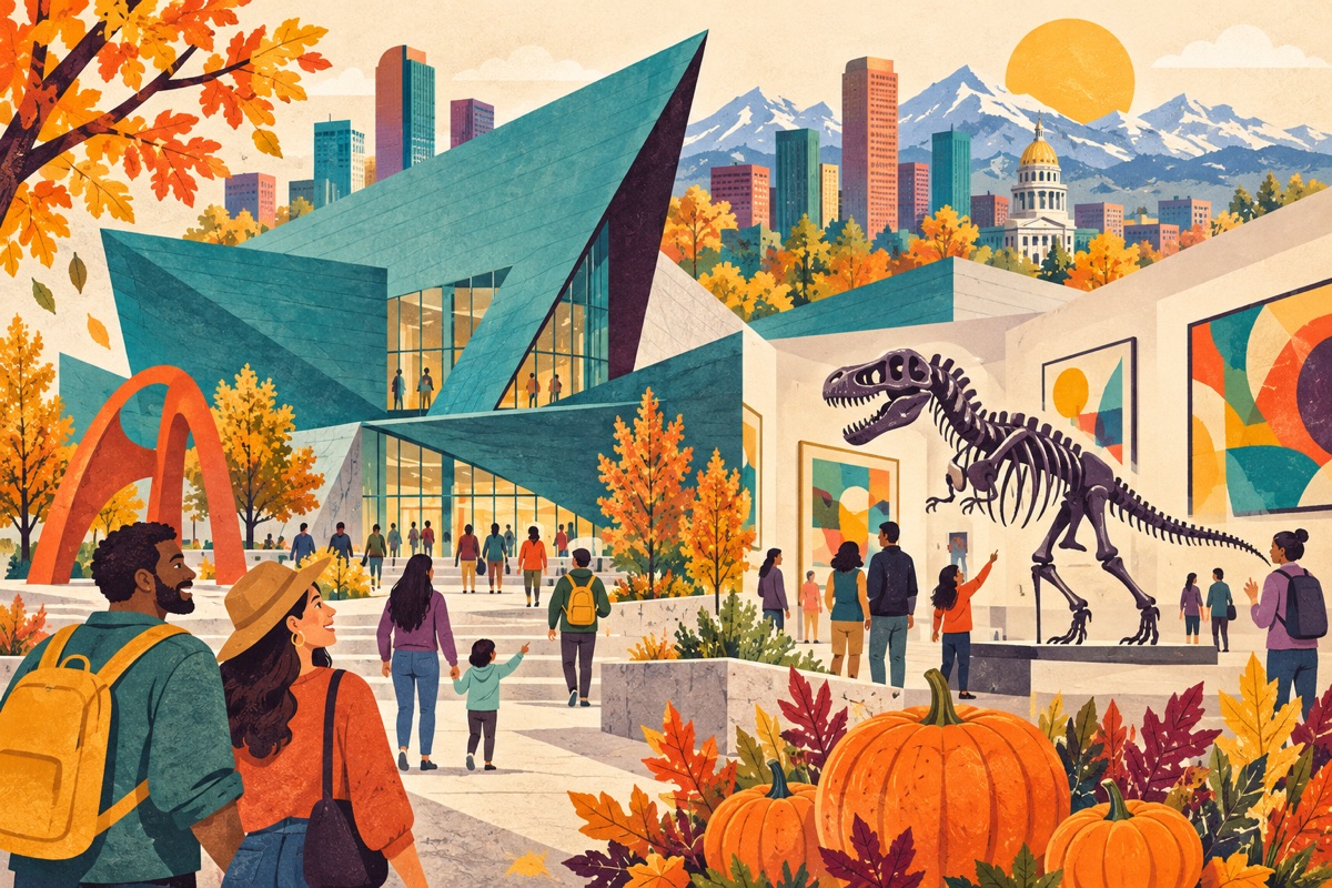 Editorial illustration of a museum, art, a dinosaur and pumpkins for a week of local adventures